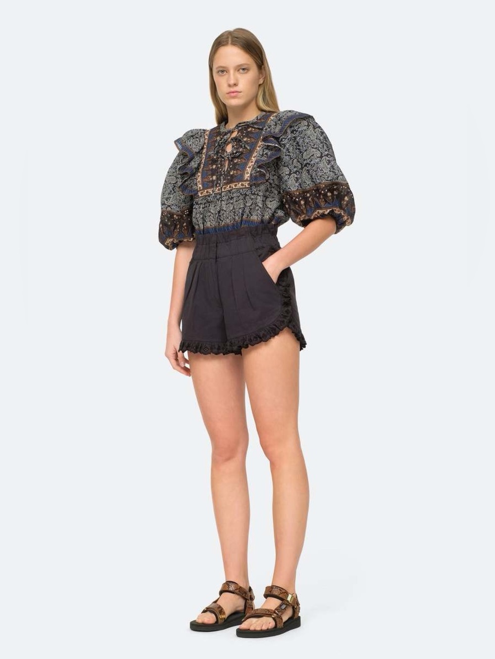 SEA New York Kiara Shorts / Paper Bag waist / Ruffle / 100% Cotton Black Size 4